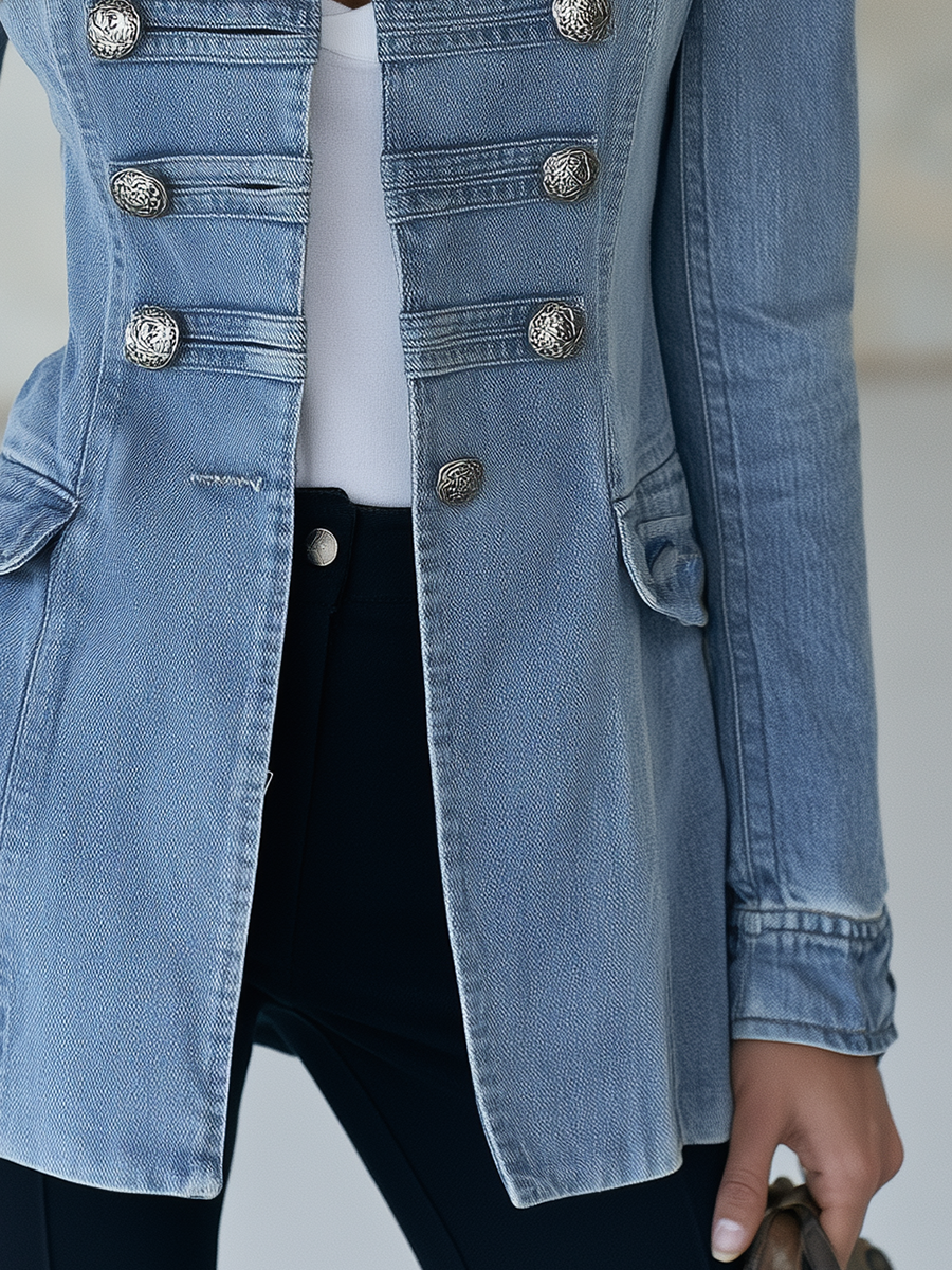 Blue Military-Style Double-Breasted Denim Coat