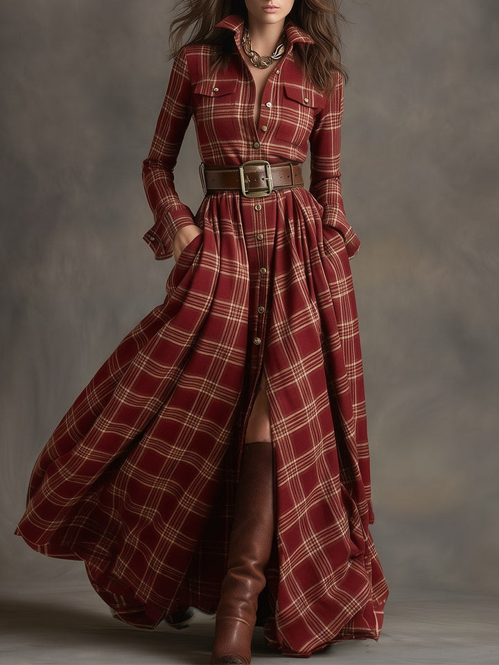 Elizabeth | Red Plaid Long Sleeve Button-Up Maxi Dress