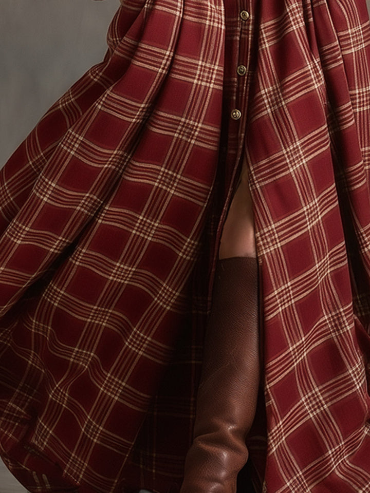 Elizabeth | Red Plaid Long Sleeve Button-Up Maxi Dress