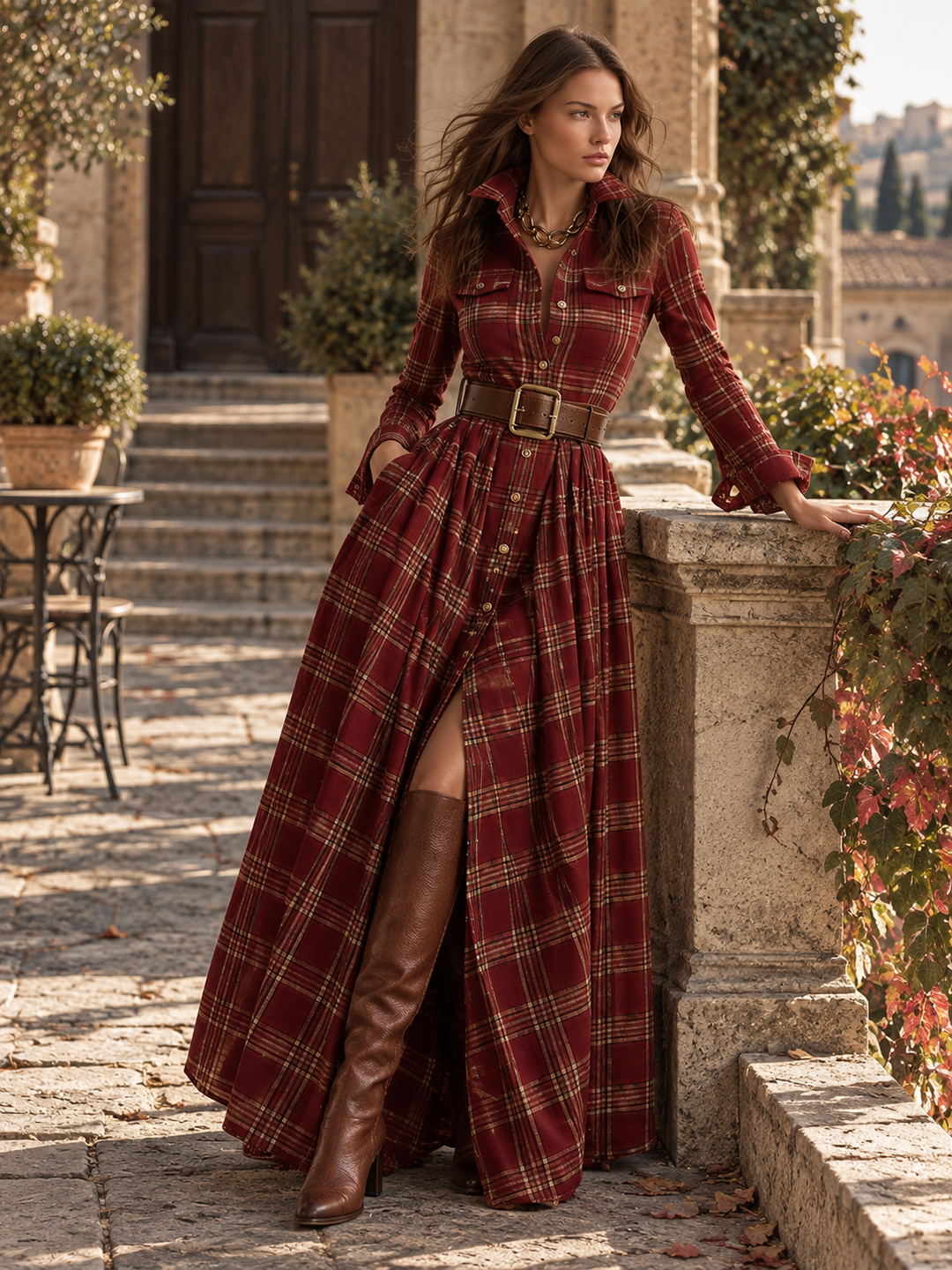 Elizabeth | Red Plaid Long Sleeve Button-Up Maxi Dress