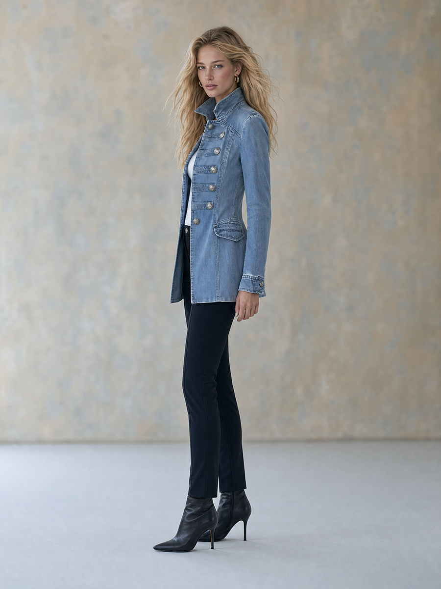 Blue Military-Style Double-Breasted Denim Coat