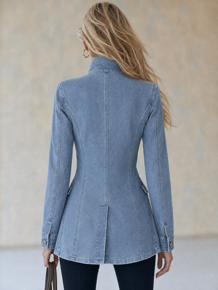Blue Military-Style Double-Breasted Denim Coat