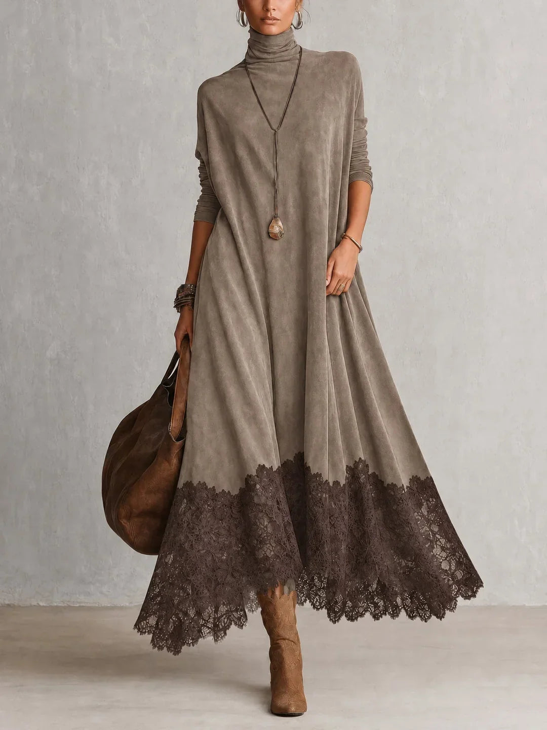 Amy | Suede-Effect Maxi Dress with Lace Hem