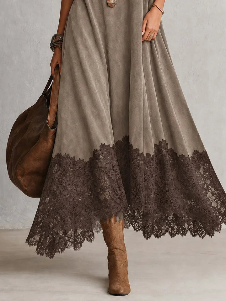 Amy | Suede-Effect Maxi Dress with Lace Hem