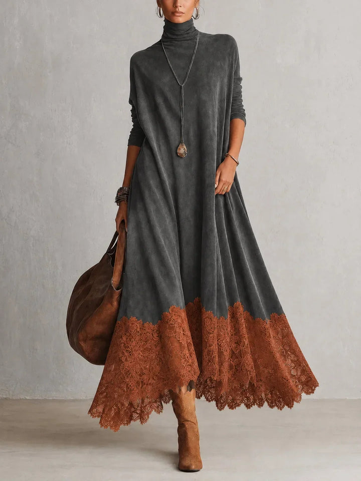 Amy | Suede-Effect Maxi Dress with Lace Hem
