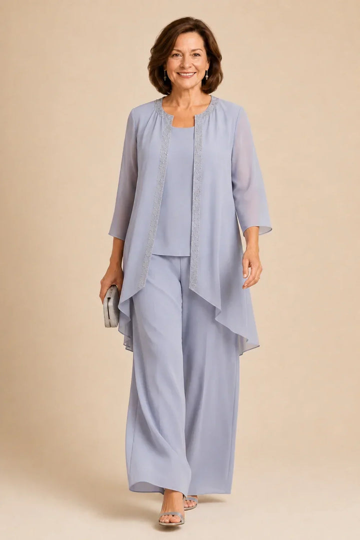 Beaded Three-Piece Chiffon Pant Suit with Draped Jacket
